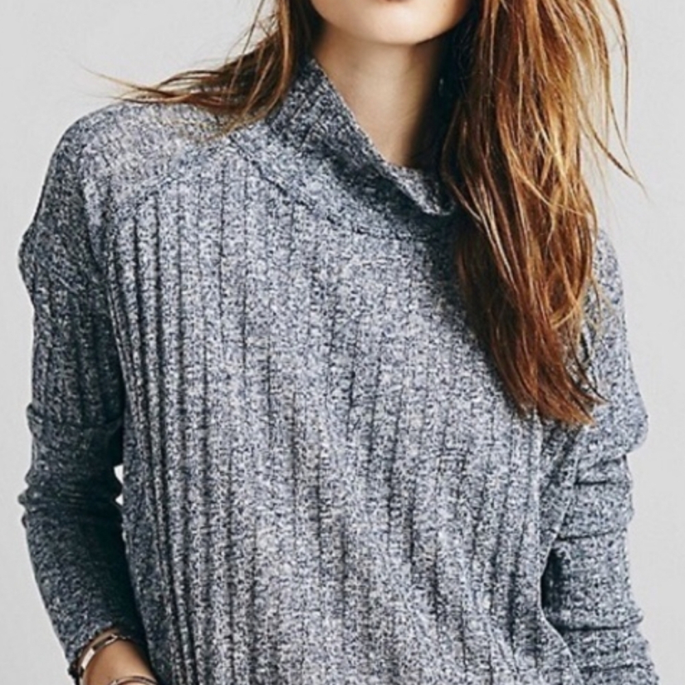 Free People Clarissa Ribbed Mock Neck Sweater Navy & White Marled Size Large
